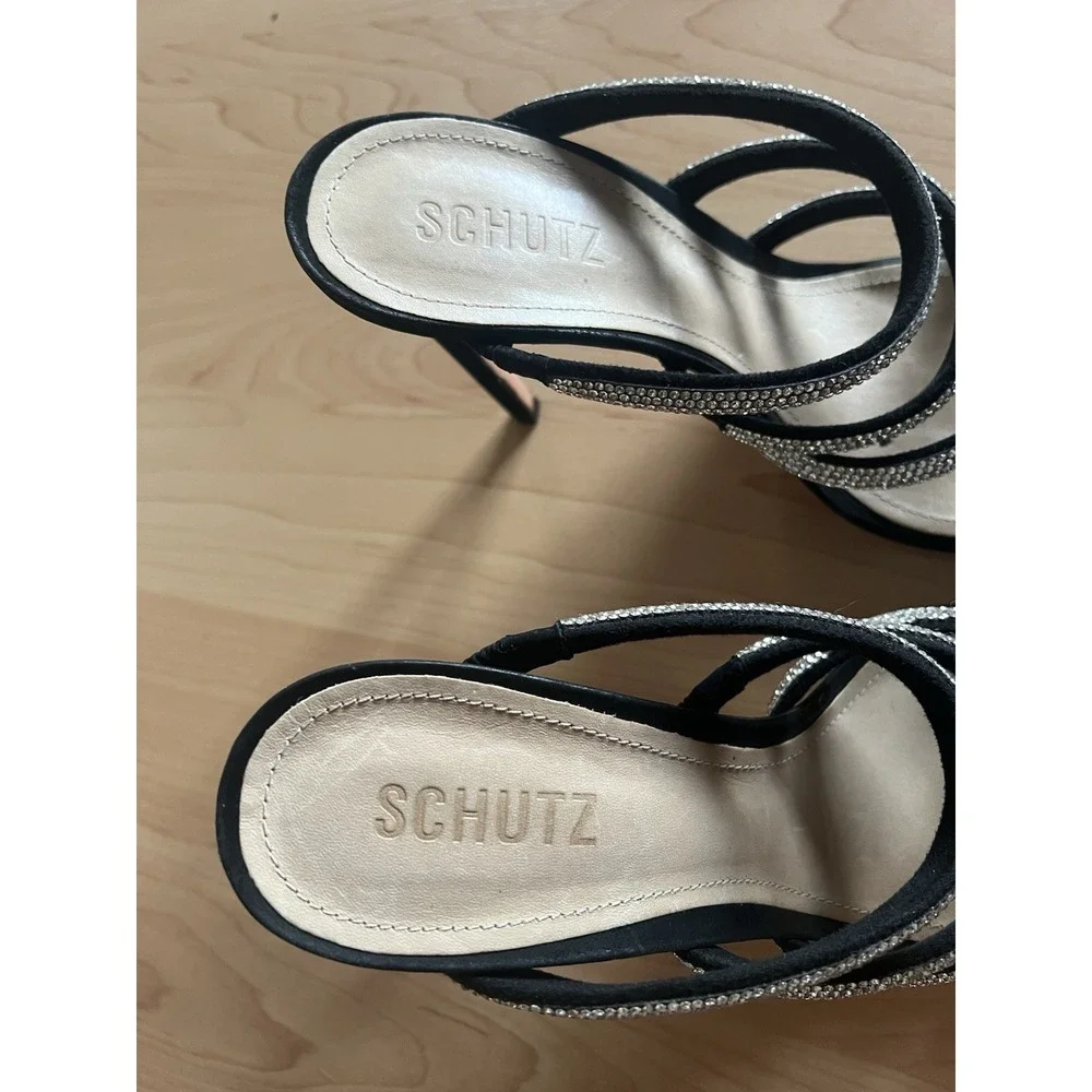 SCHUTZ Sariah Crystal Embellished Strap Heels Black & Cristal Size 9.5 Suede